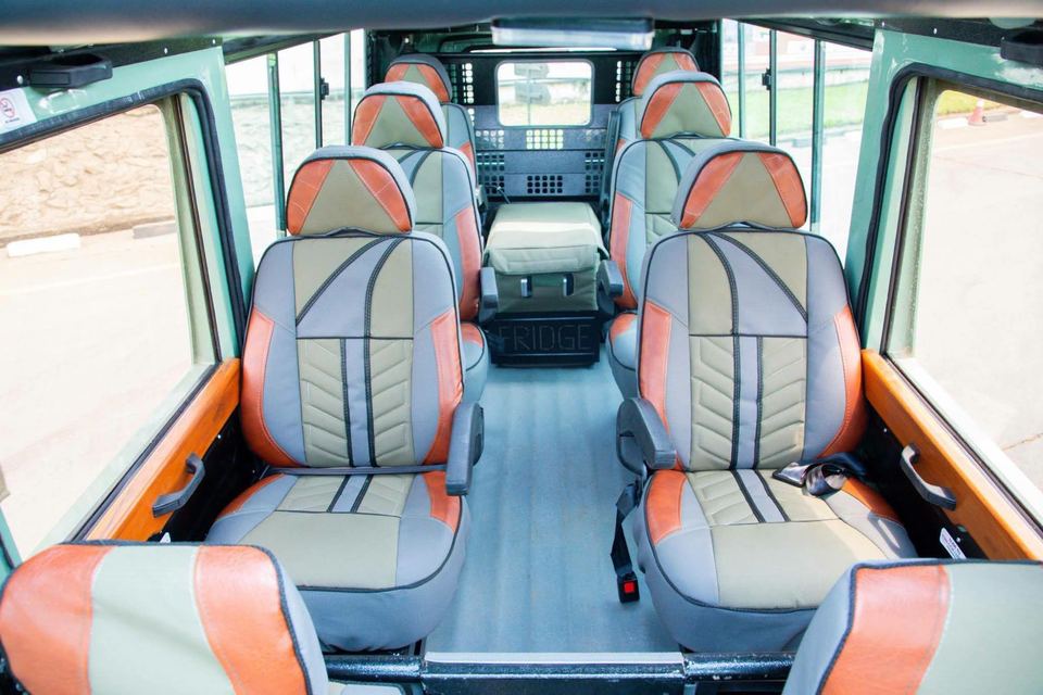 Inside our four wheel drive safari vehicle, with window seats and a roof hatch